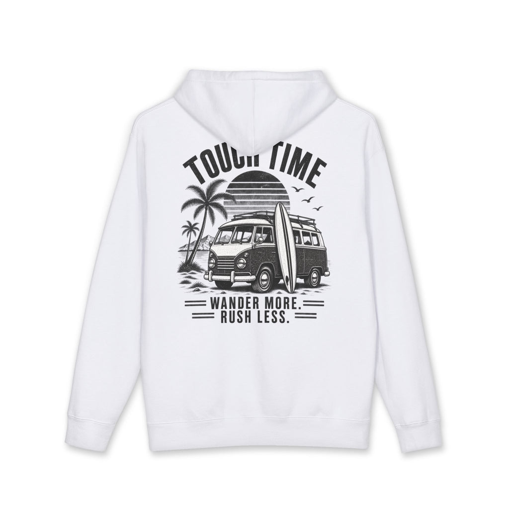 Hoodie — “Tour Time” Vintage Camper Surf Hoodie (Wander More, Rush Less)