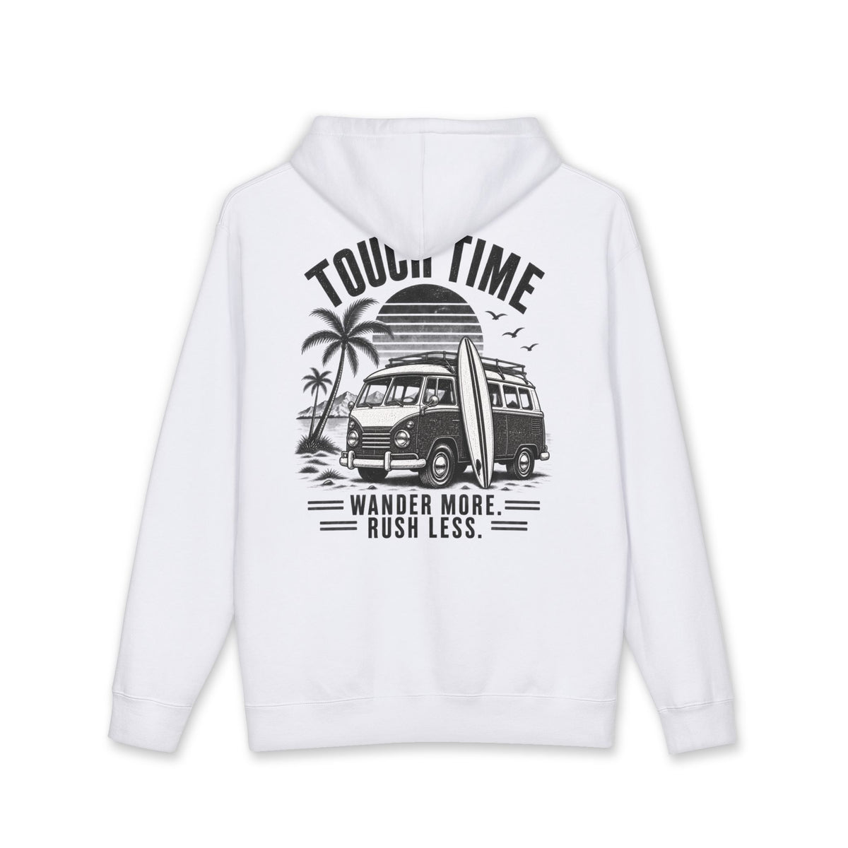 Hoodie — “Tour Time” Vintage Camper Surf Hoodie (Wander More, Rush Less)