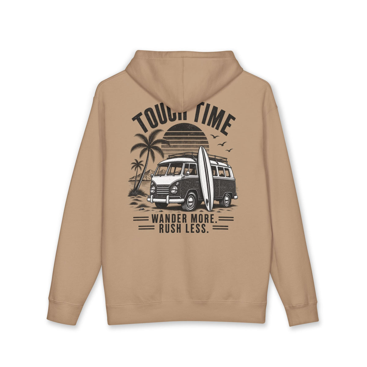 Hoodie — “Tour Time” Vintage Camper Surf Hoodie (Wander More, Rush Less)
