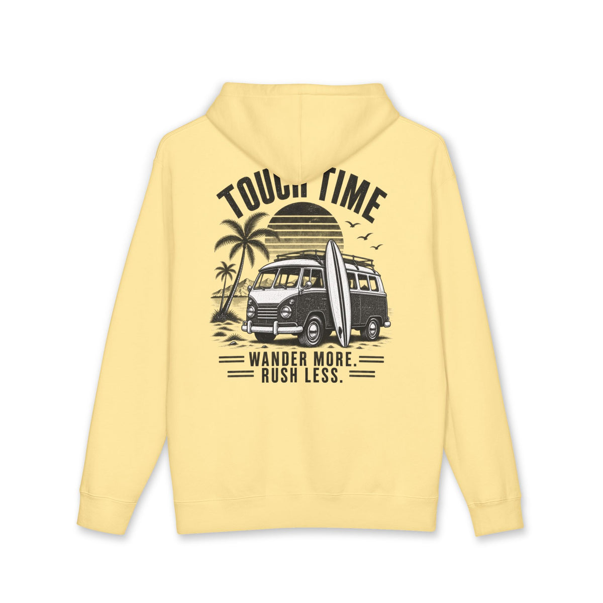 Hoodie — “Tour Time” Vintage Camper Surf Hoodie (Wander More, Rush Less)